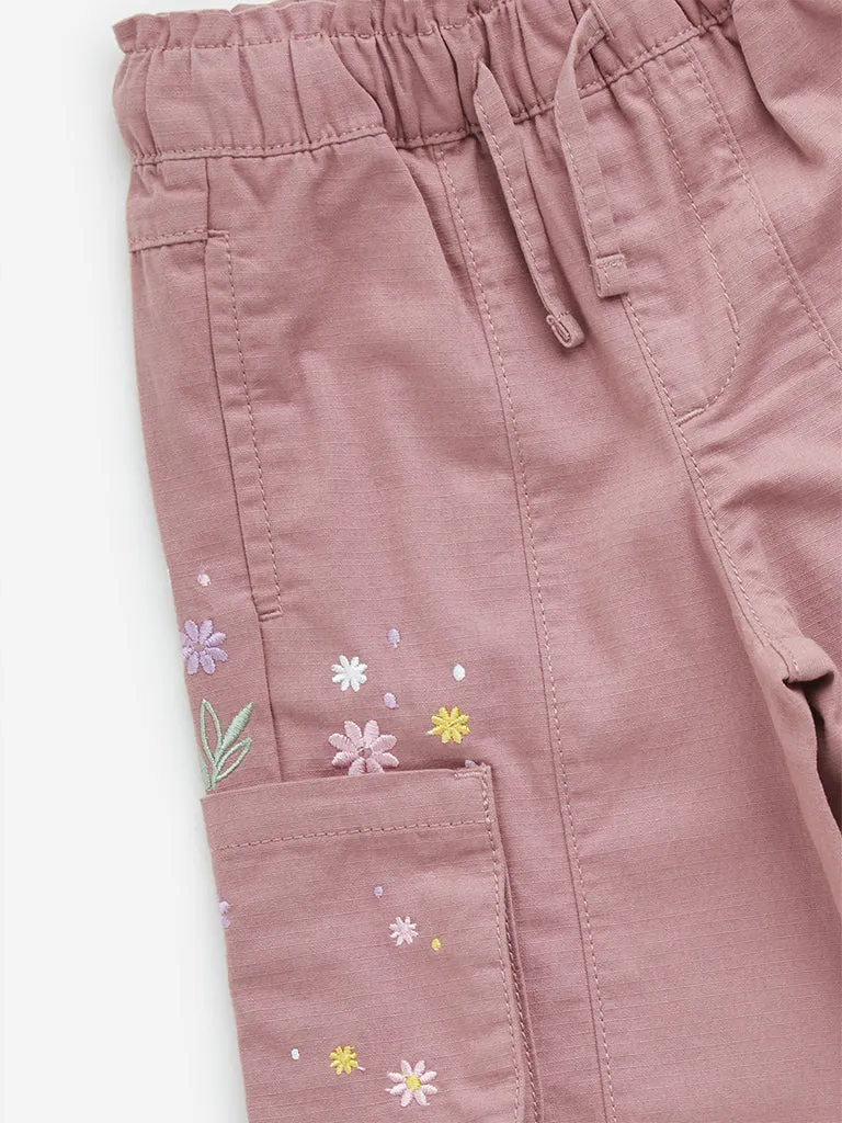 HOP Kids Dusty Pink Floral Embroidered High-Rise Cotton Joggers