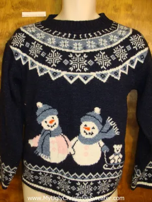 Horrible Blue Ugly Christmas Sweater Pullover Snowmen Family