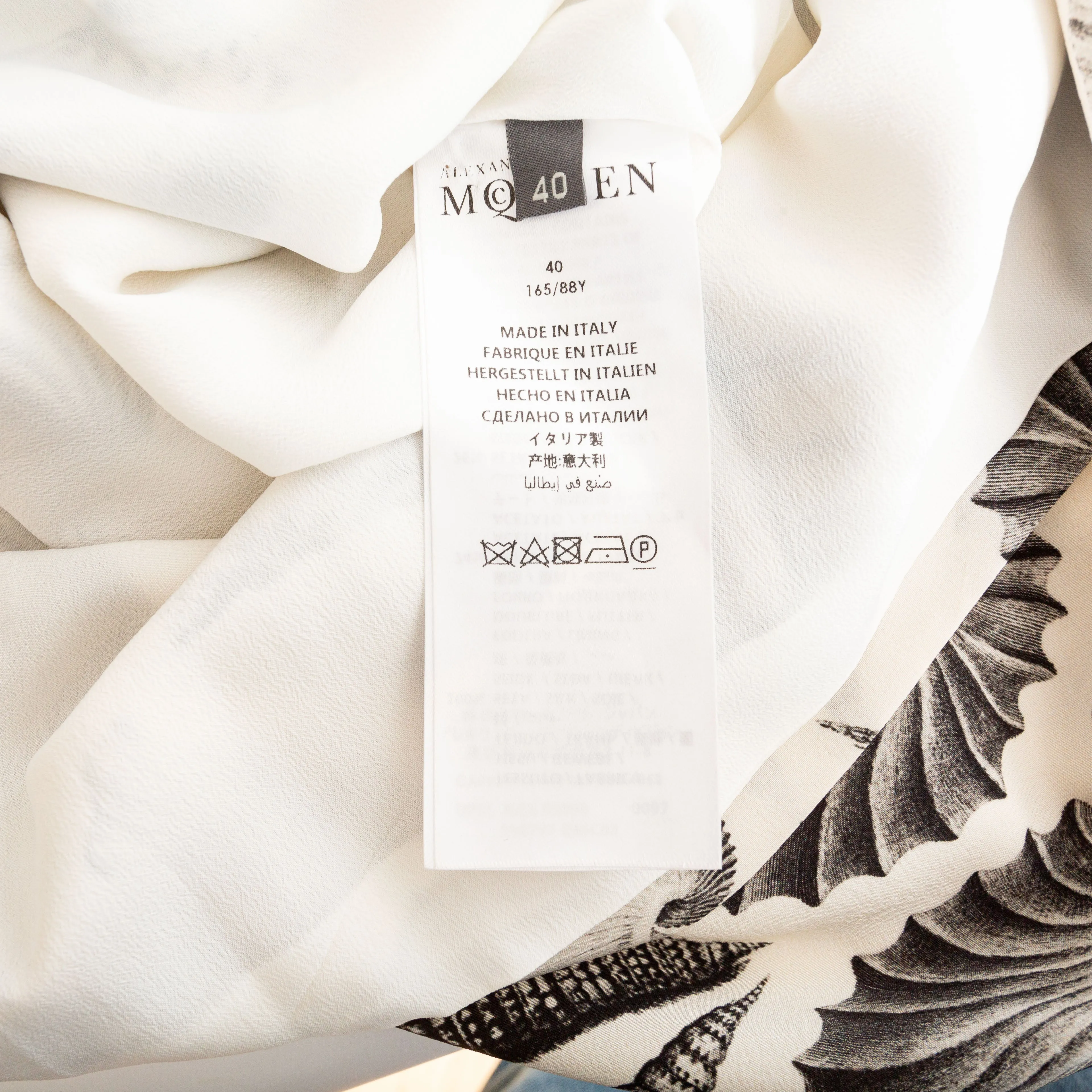 Ivory and Black Crêpe de Chine Seashell Print Scarf-Tie Dress