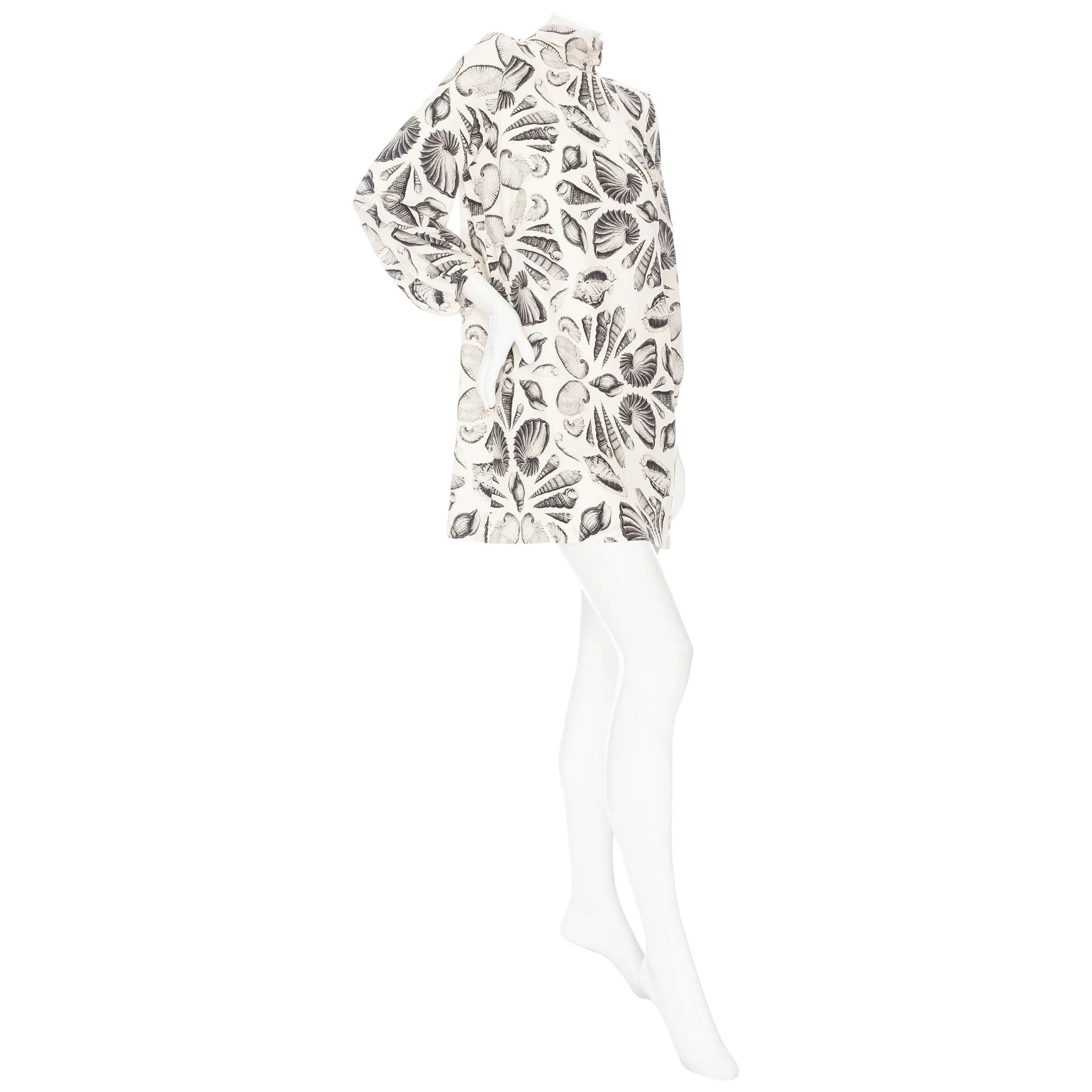 Ivory and Black Crêpe de Chine Seashell Print Scarf-Tie Dress