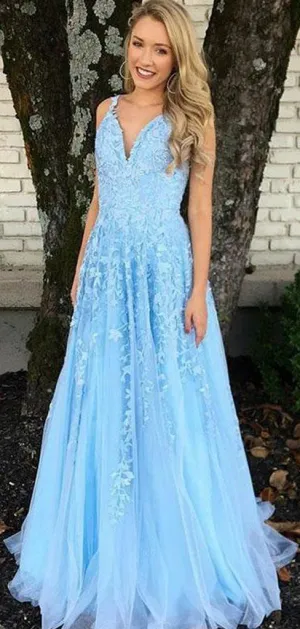 Light Blue Lace Prom Dress, Evening Dress, Pageant Dance Dresses, Graduation School Party Gown, PC0023