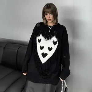 Limited Edition Gothic Heart Print Pullover - Oversized Fit, Rough Finish