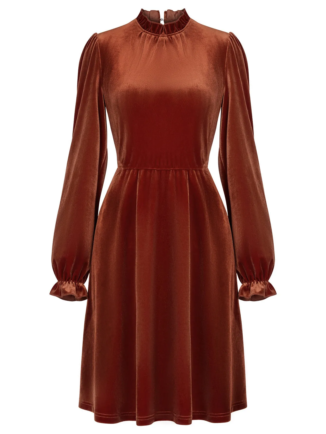 Long Sleeve Casual High Neck Velvet Solid Color Cinched Waist Dress