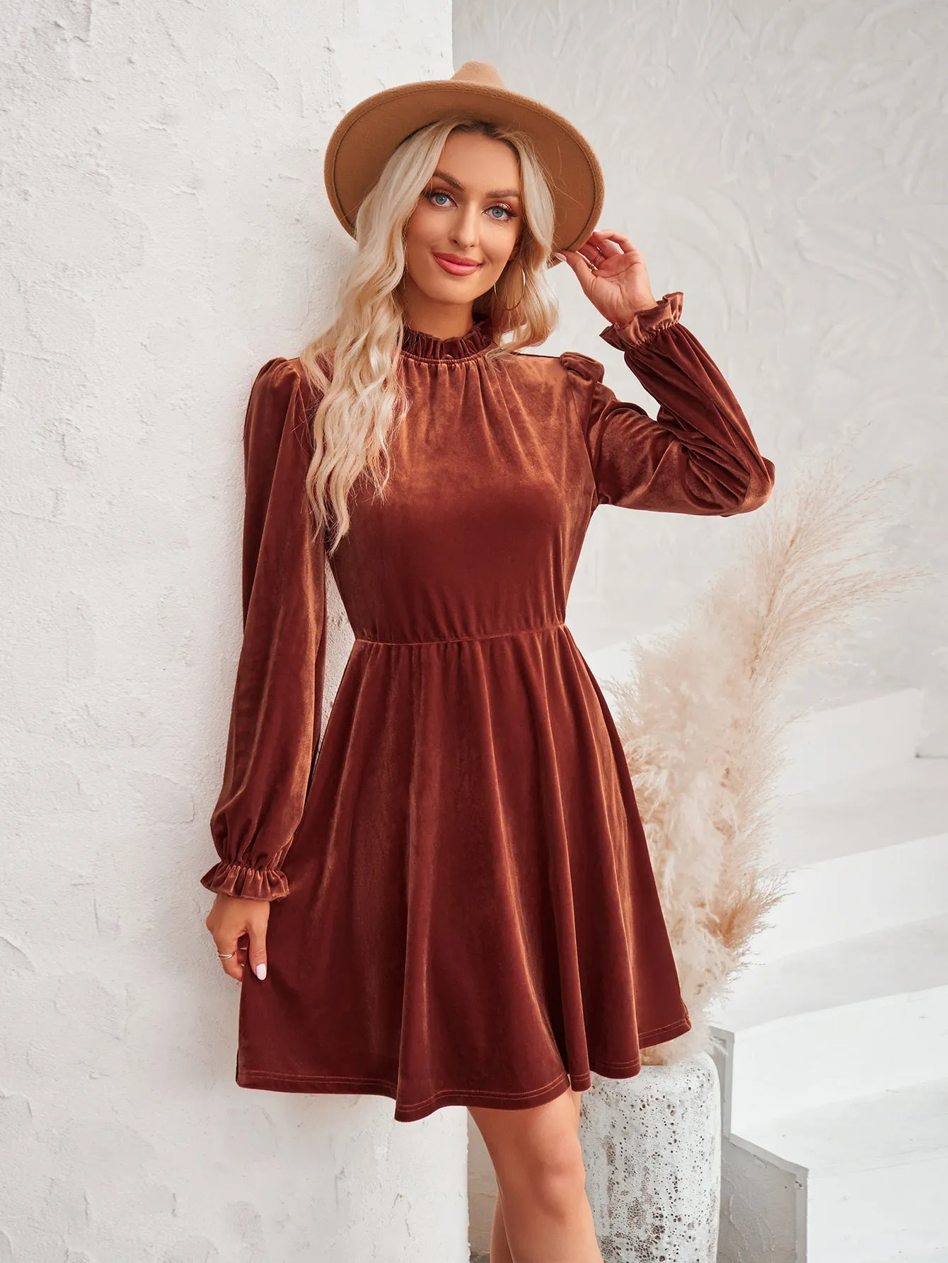 Long Sleeve Casual High Neck Velvet Solid Color Cinched Waist Dress