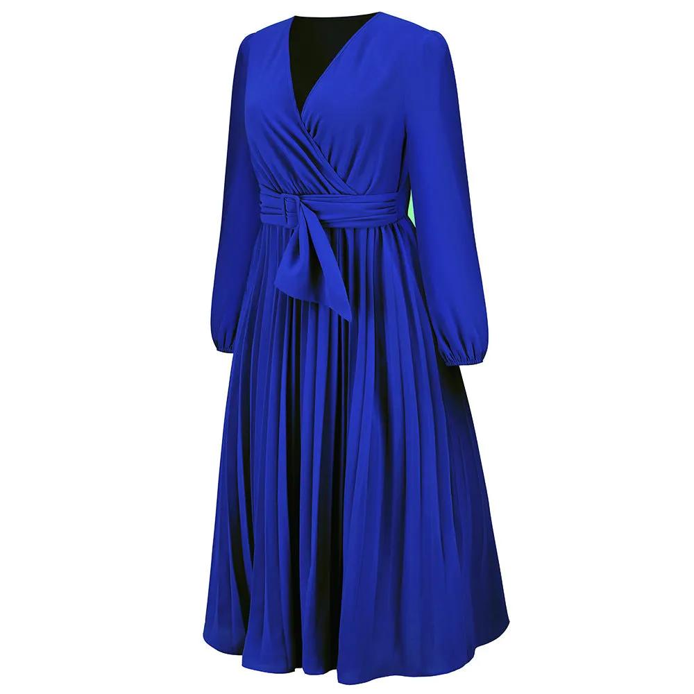 Long Sleeve Slim-fit Pleated Belted V-neck A-line Dress