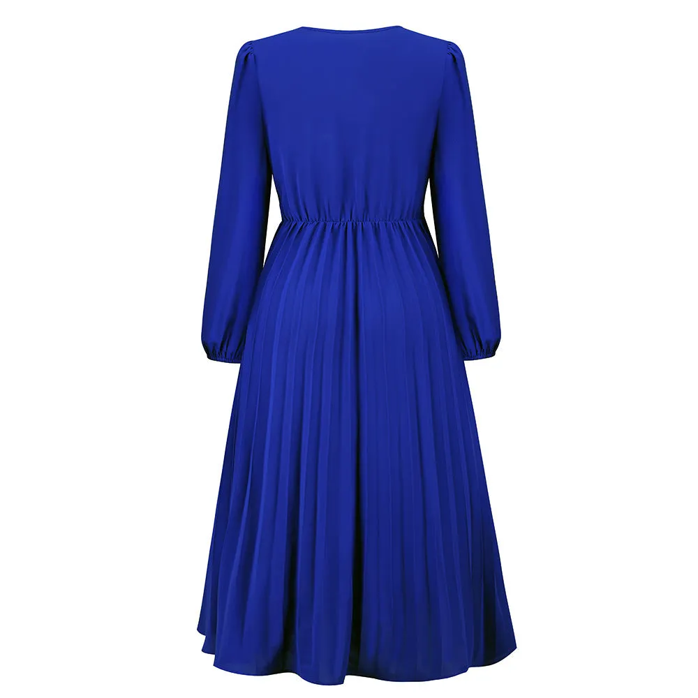 Long Sleeve Slim-fit Pleated Belted V-neck A-line Dress