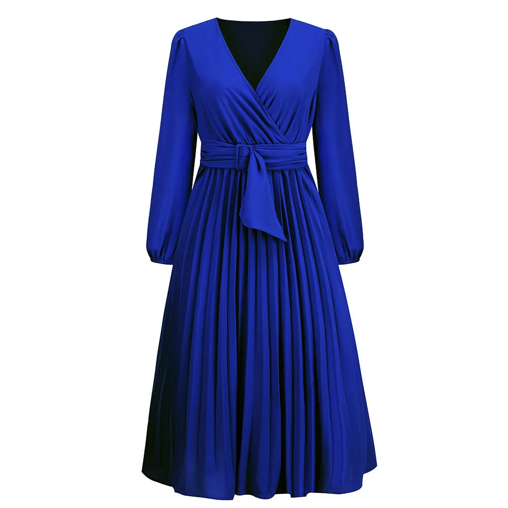 Long Sleeve Slim-fit Pleated Belted V-neck A-line Dress