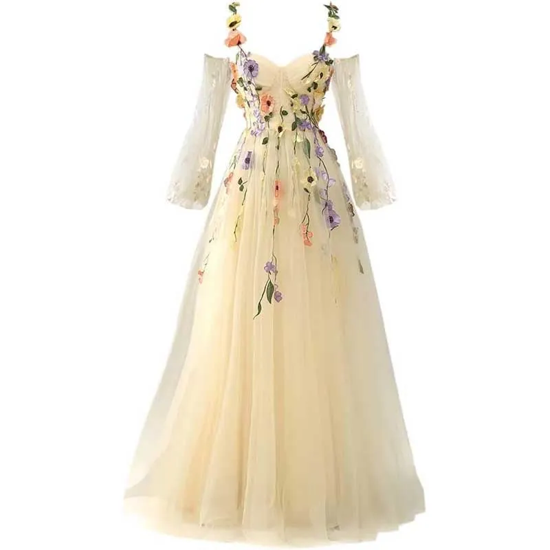 Long Sleeves Prom Dresses Applique Flower Tulle Evening Party Ball Gowns