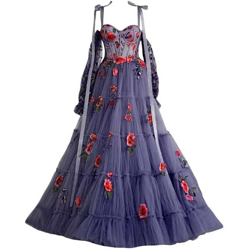 Long Sleeves Prom Dresses Applique Flower Tulle Evening Party Ball Gowns