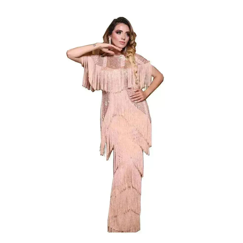 Luxurious Women's Sequined Stretch Fabric Multi-layer Dynamic Tassle Fashion Long Dress for Evening Party Cocktail Wedding Party.