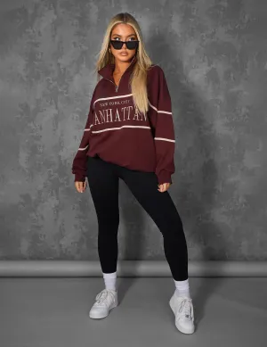 MANHATTAN SLOGAN HALF ZIP PULLOVER SWEATSHIRT BURGUNDY