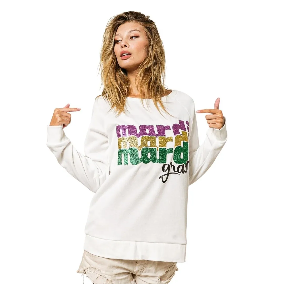 Mardi Gras Glitter Lettering White Pullover (Each)