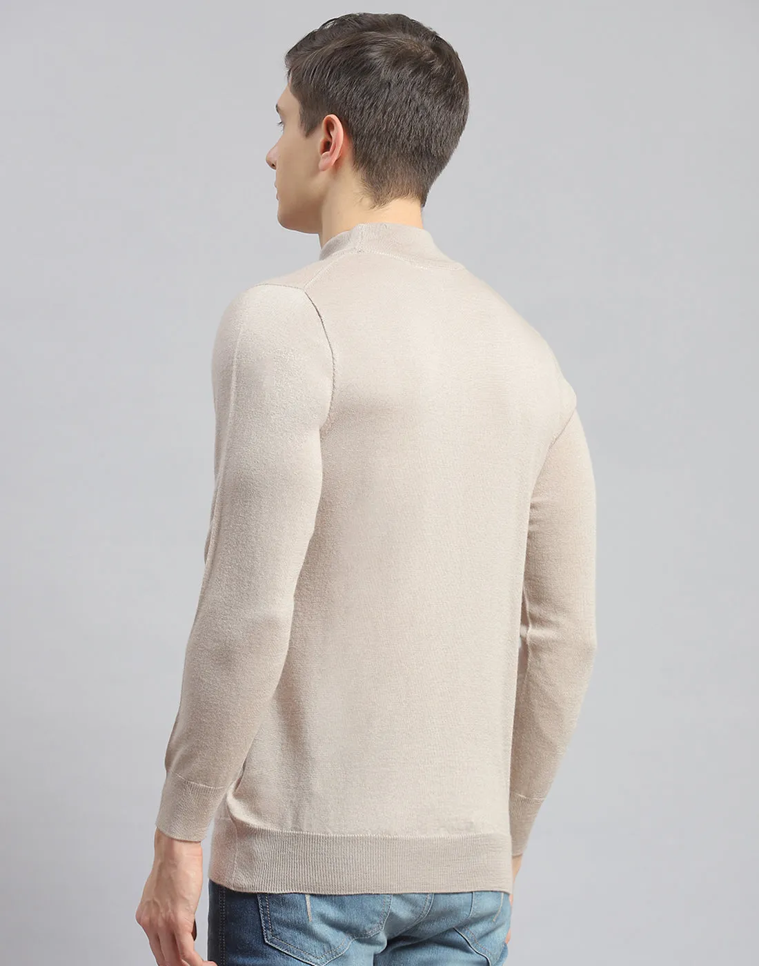 Men Beige Solid Turtle Neck Full Sleeve Pullover