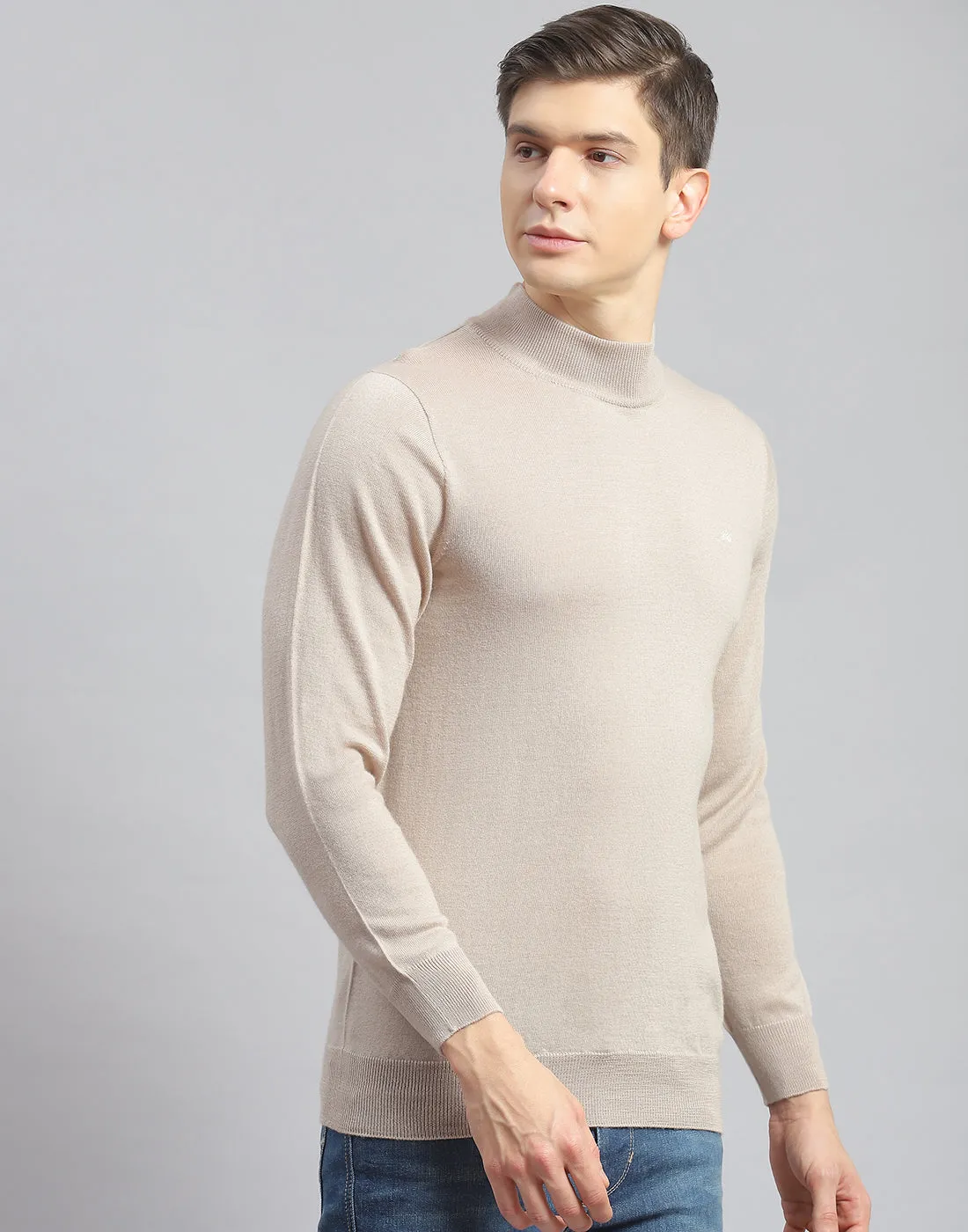 Men Beige Solid Turtle Neck Full Sleeve Pullover