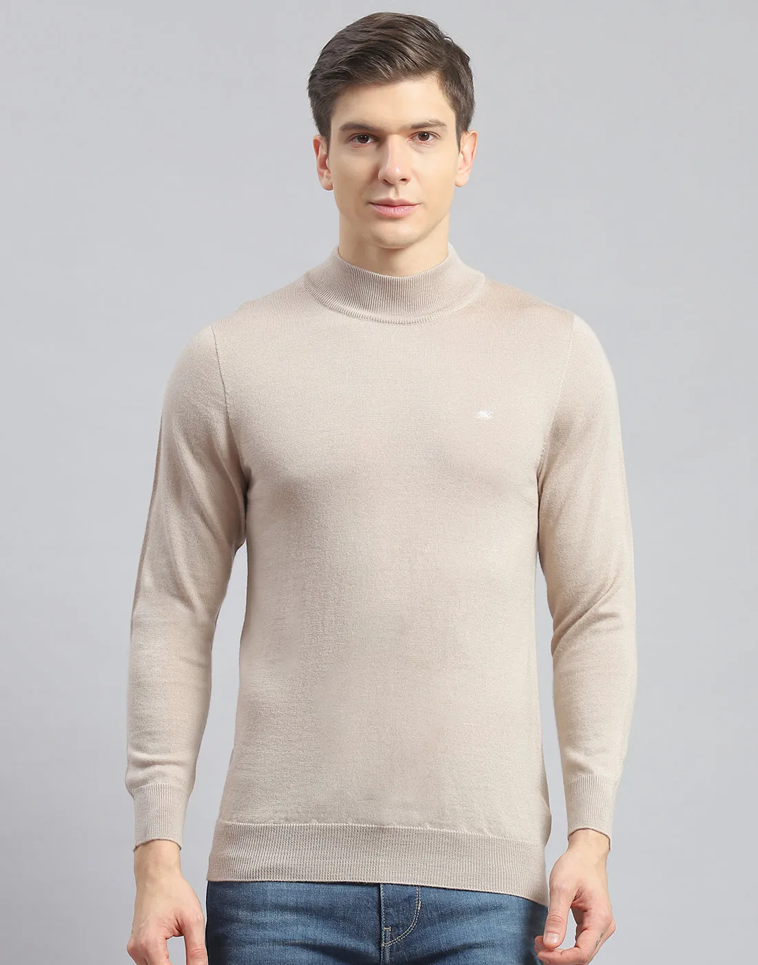 Men Beige Solid Turtle Neck Full Sleeve Pullover