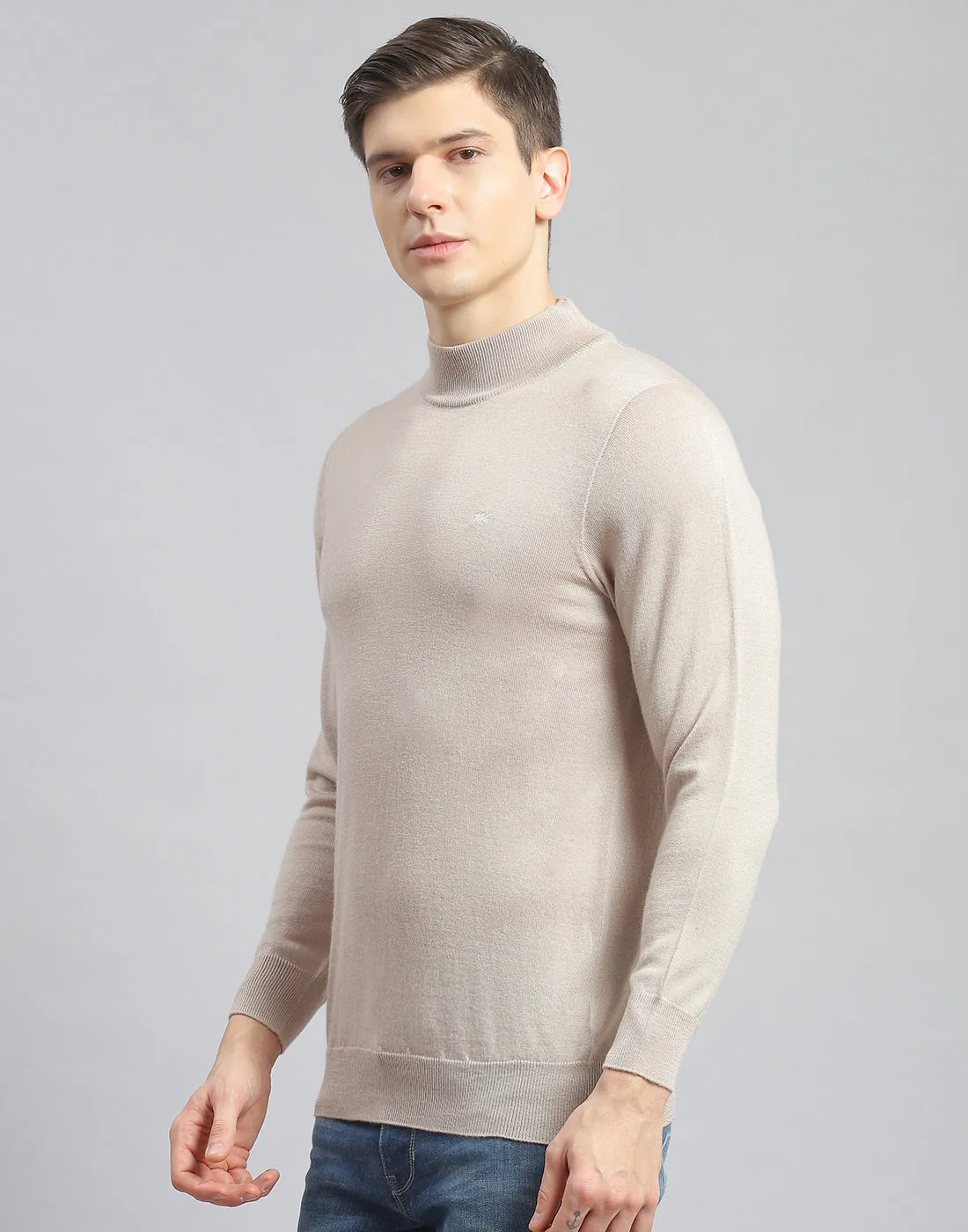 Men Beige Solid Turtle Neck Full Sleeve Pullover