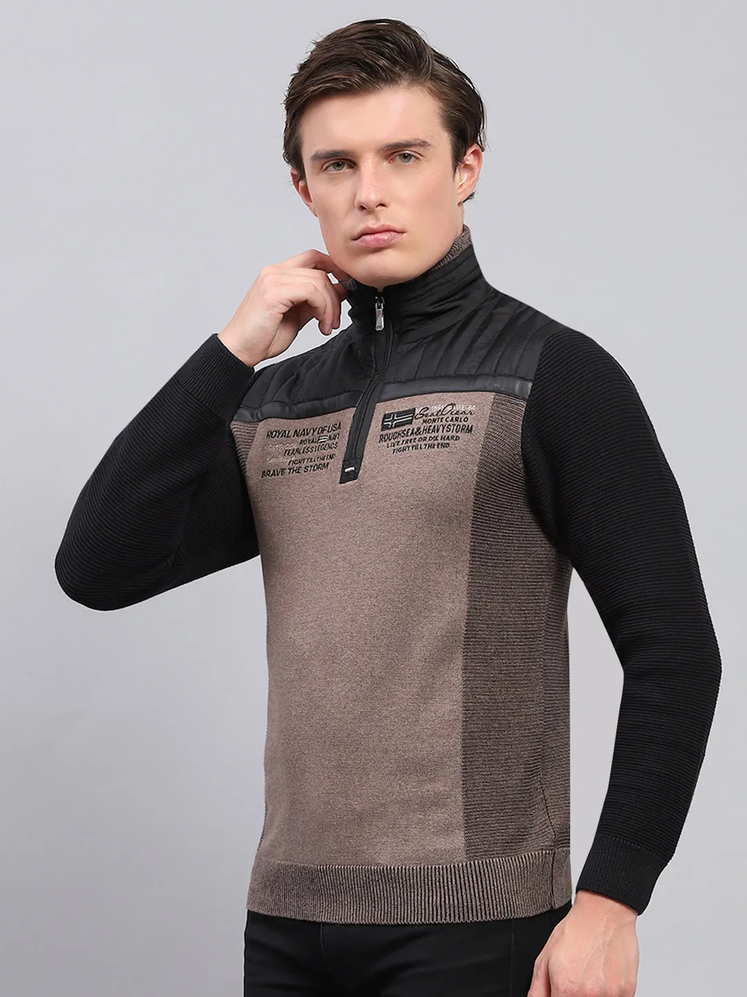 Men Black Printed Mock Neck Full Sleeve Pullover