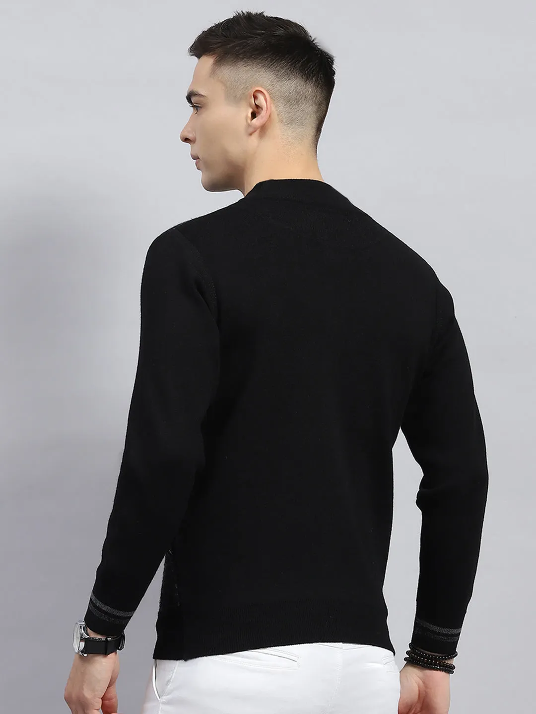 Men Black Self Design High Neck Full Sleeve Pullover