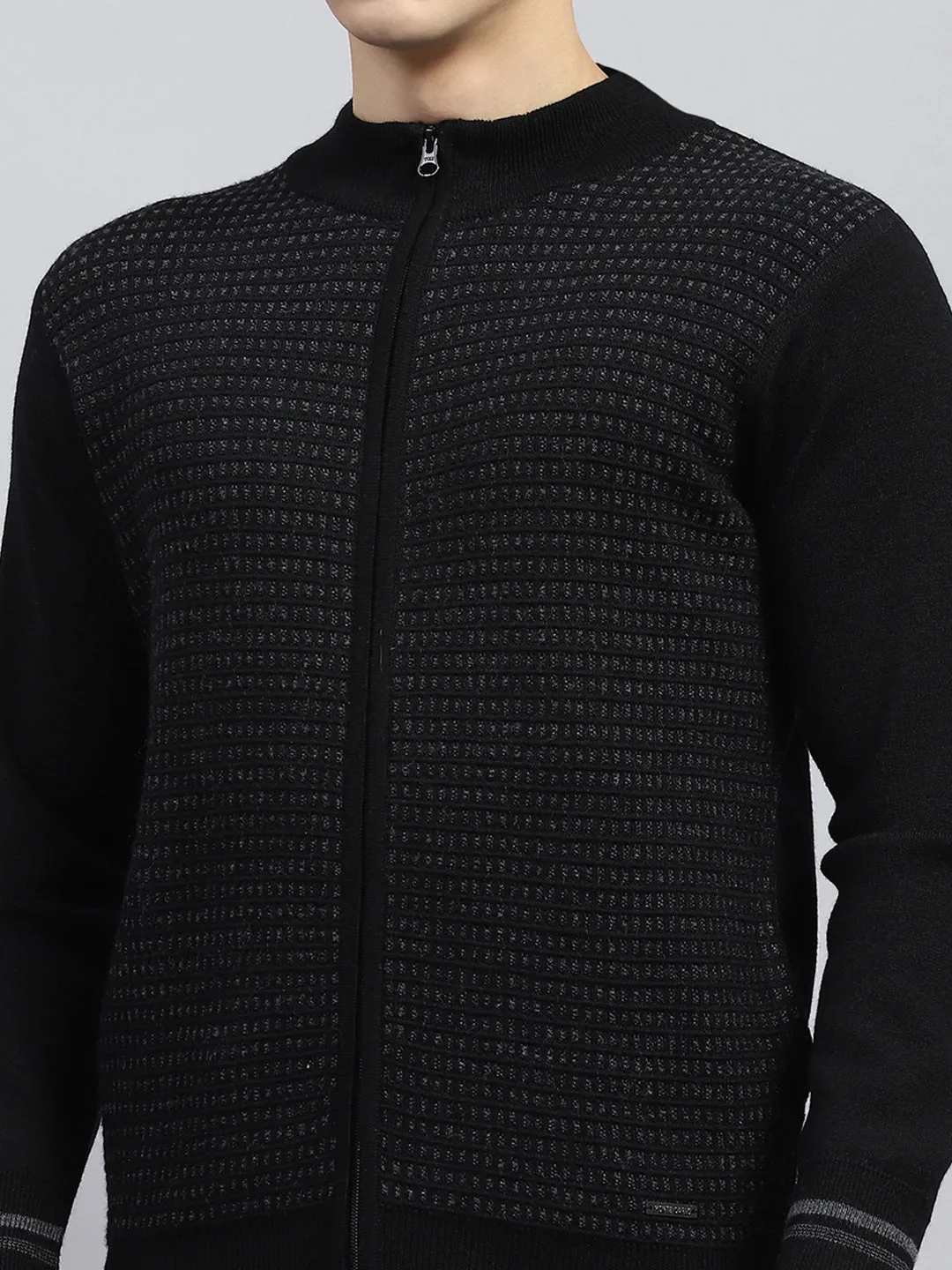 Men Black Self Design High Neck Full Sleeve Pullover