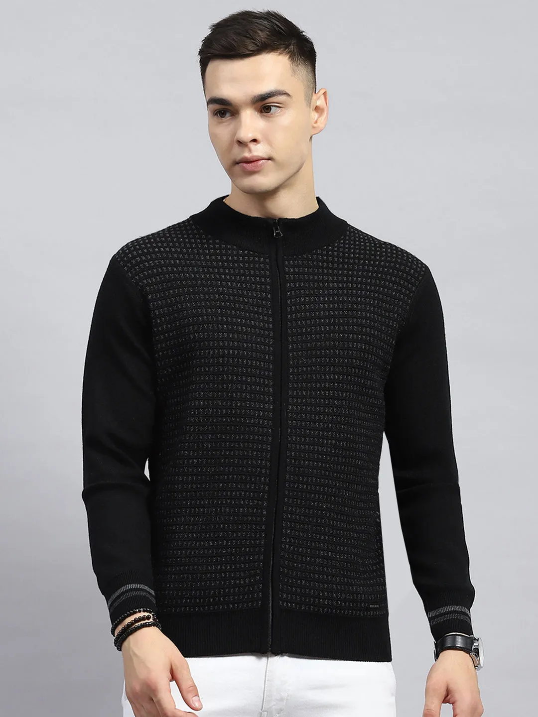 Men Black Self Design High Neck Full Sleeve Pullover