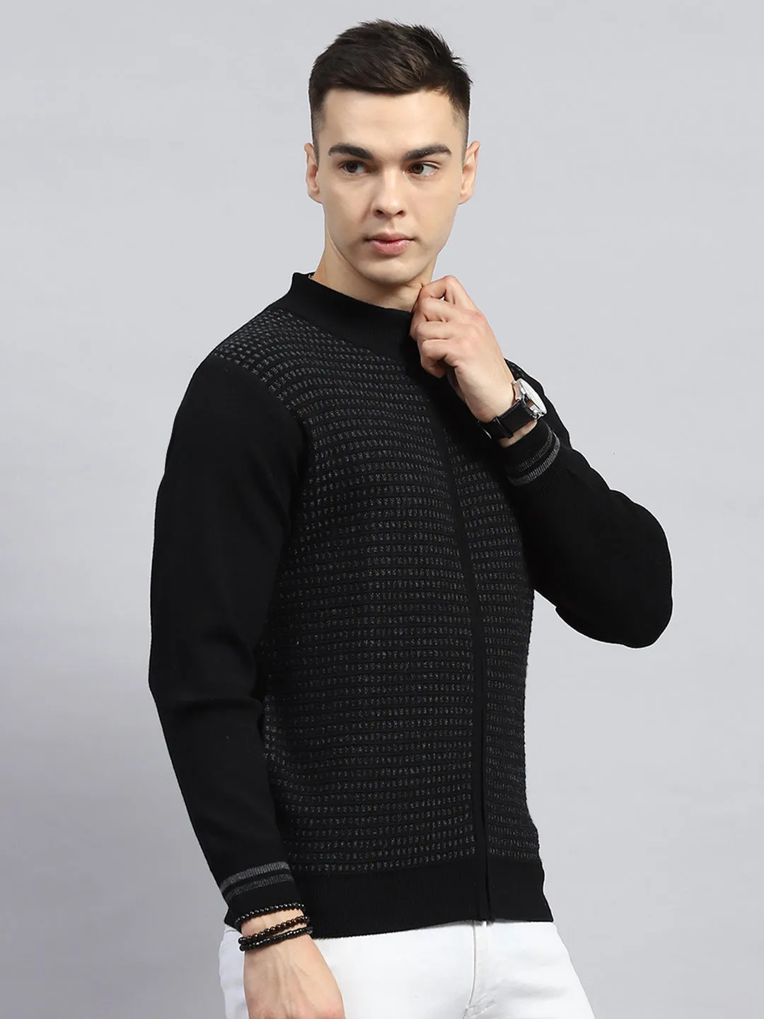 Men Black Self Design High Neck Full Sleeve Pullover