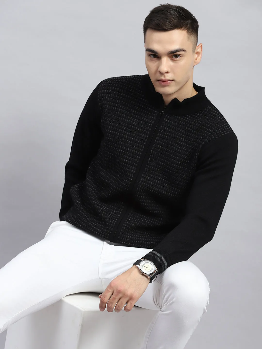 Men Black Self Design High Neck Full Sleeve Pullover