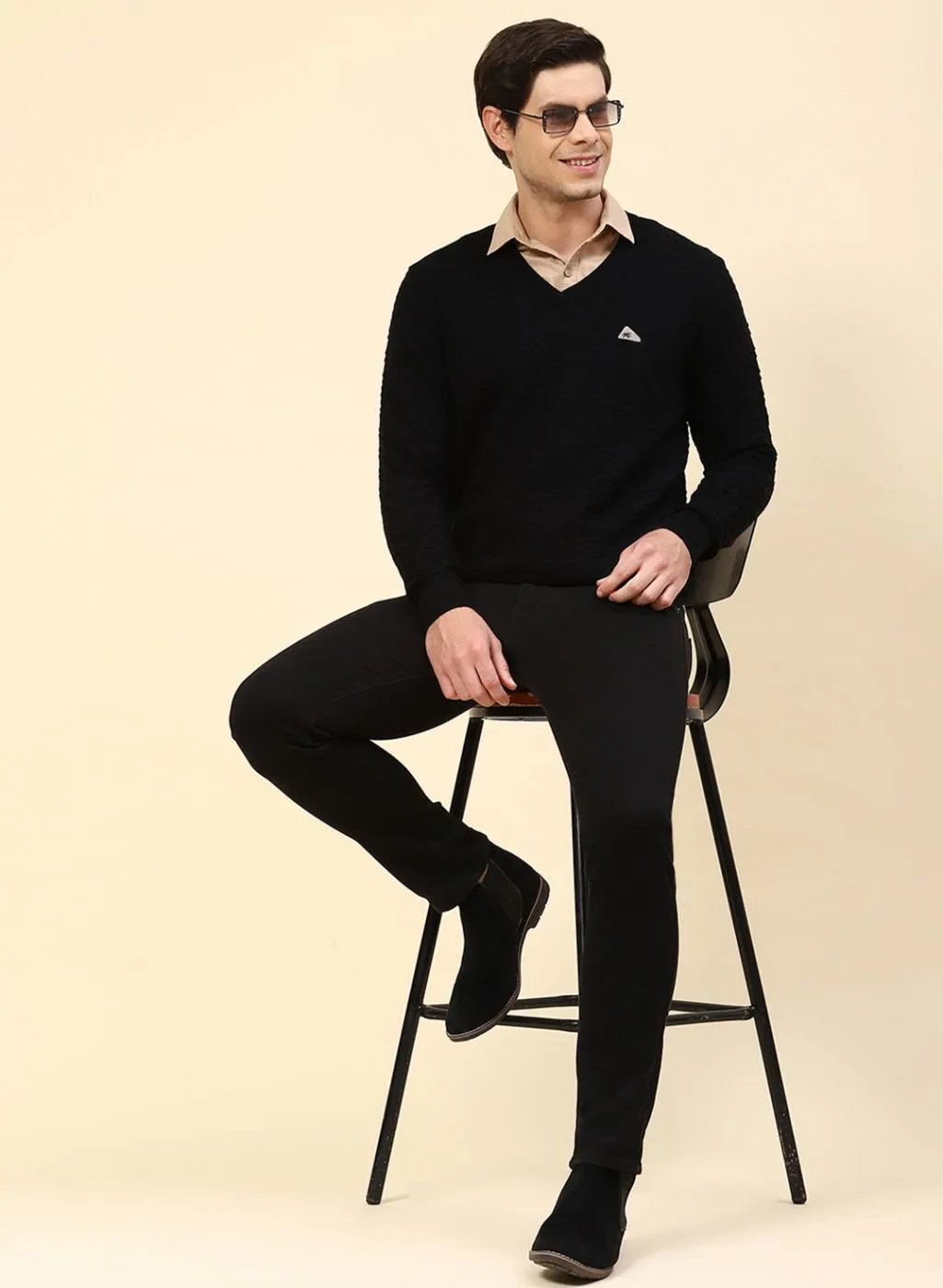 Men Black Self Design Pure wool Pullover