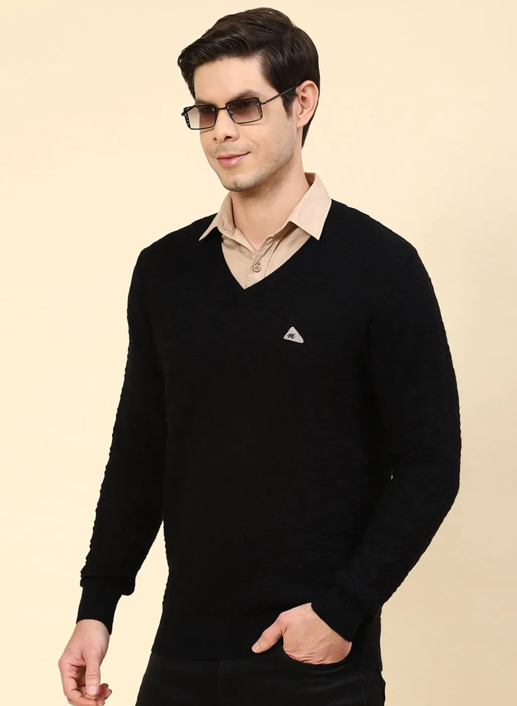 Men Black Self Design Pure wool Pullover