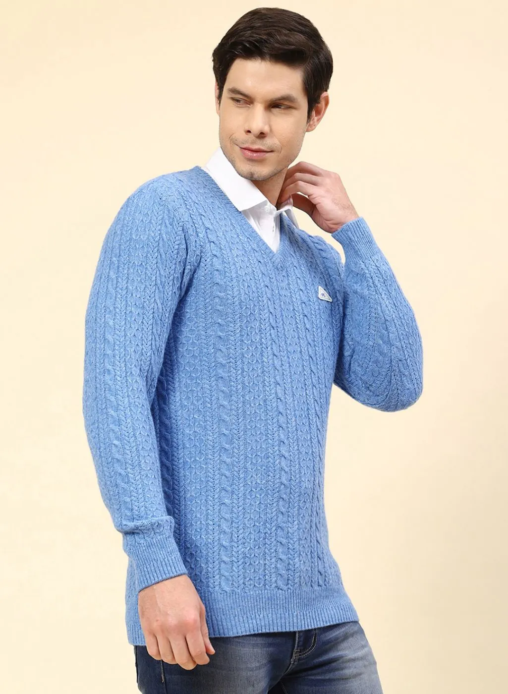 Men Blue Self Design Lamb wool Pullover