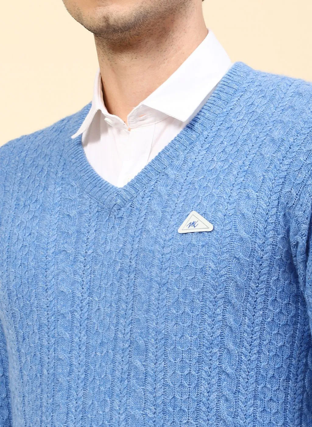 Men Blue Self Design Lamb wool Pullover