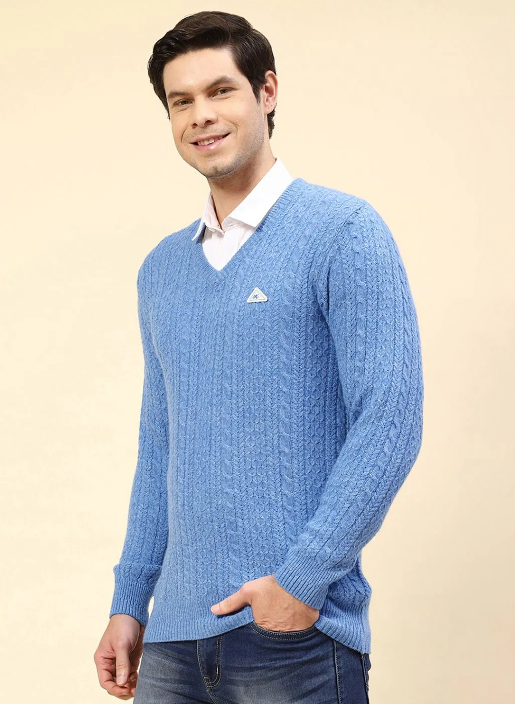 Men Blue Self Design Lamb wool Pullover