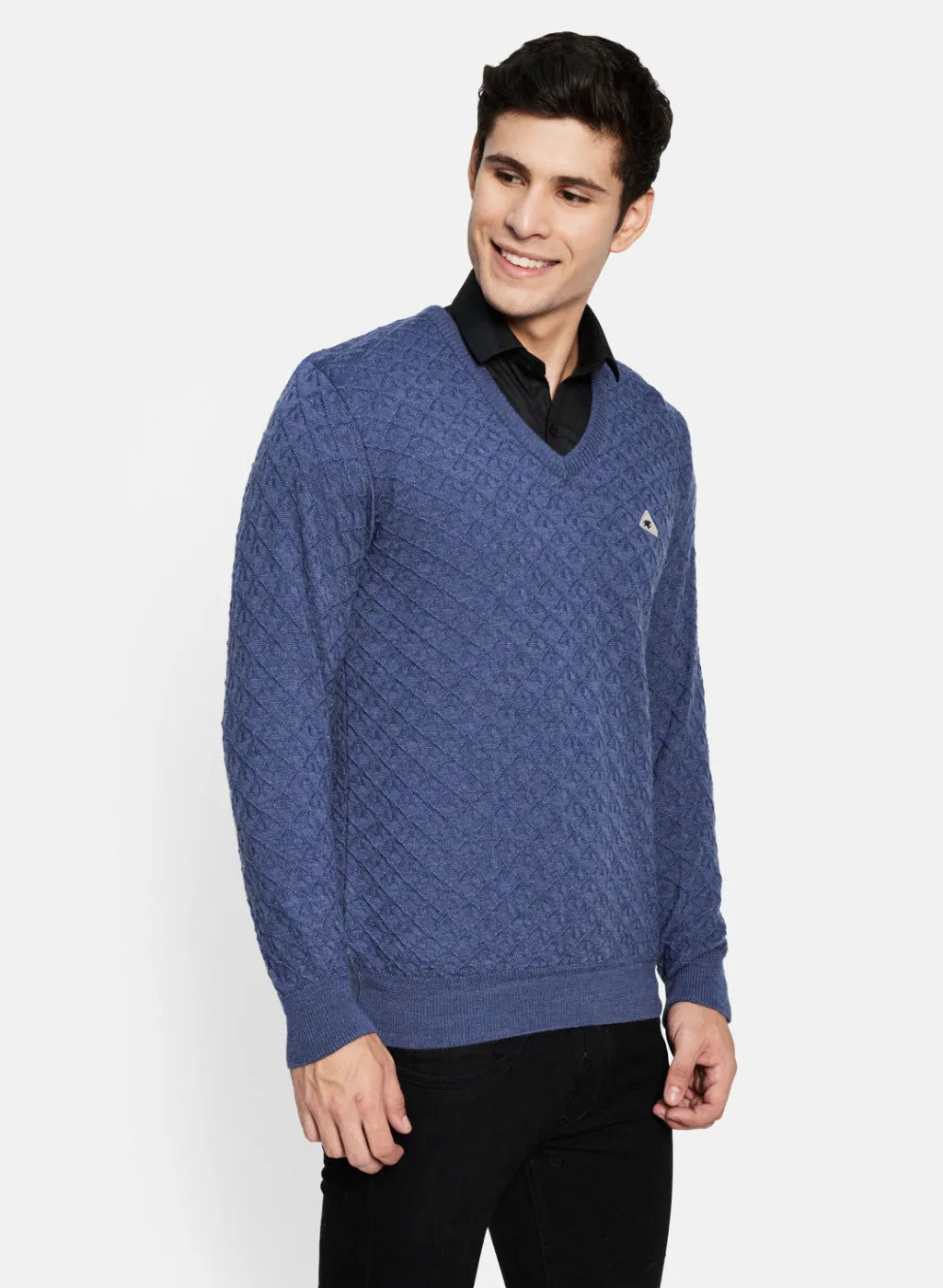 Men Blue Self Design Pullover