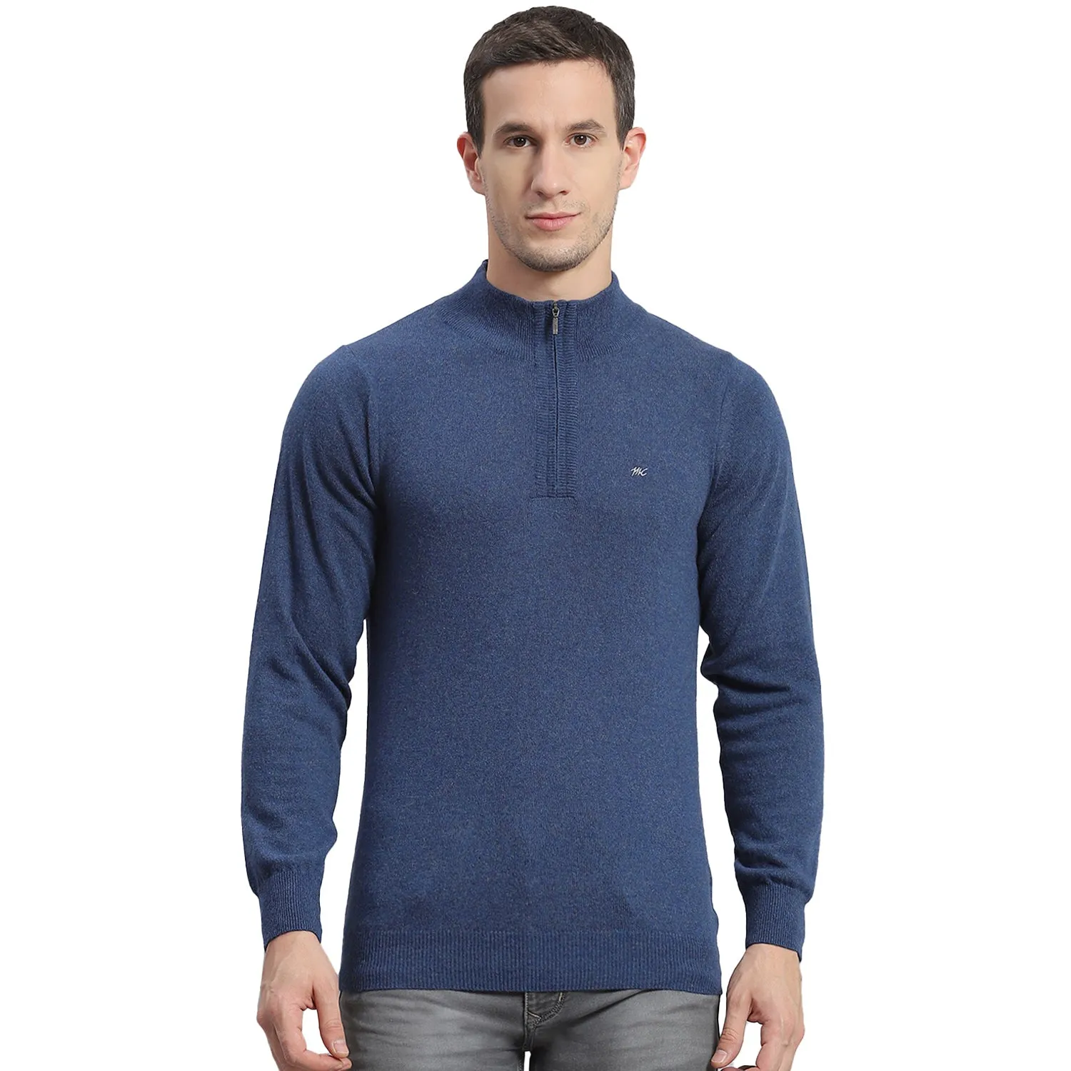 Men Blue Solid H Neck Full Sleeve Sweater