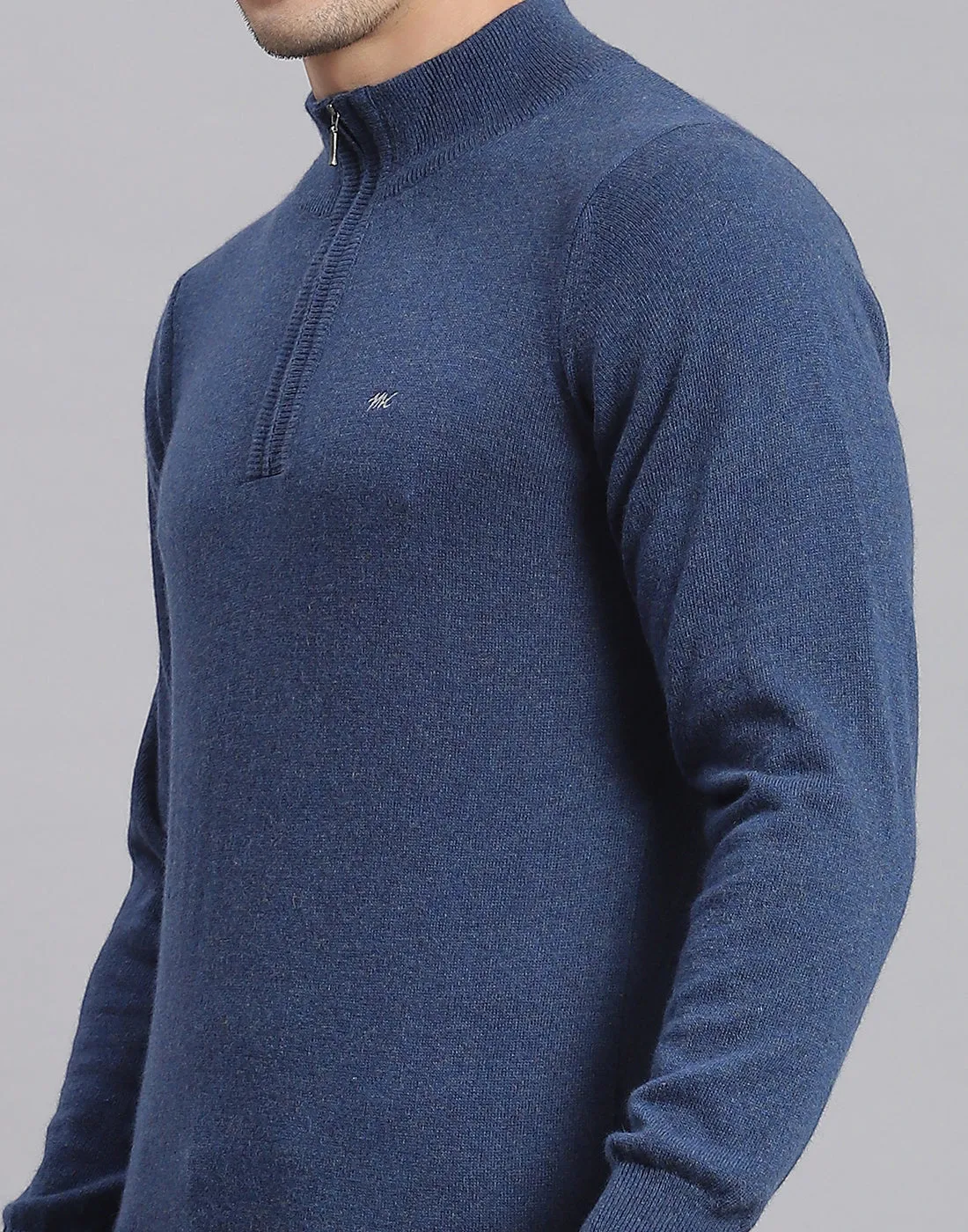 Men Blue Solid H Neck Full Sleeve Sweater