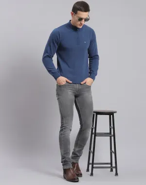 Men Blue Solid H Neck Full Sleeve Sweater