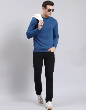 Men Blue Solid Round Neck Full Sleeve Sweater