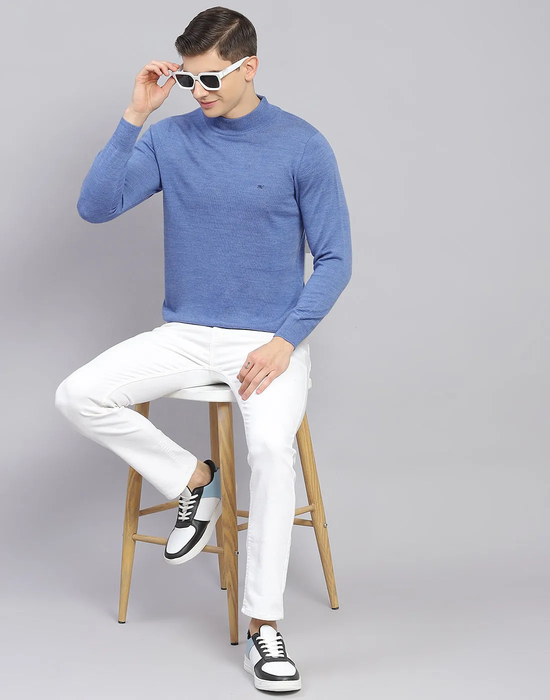 Men Blue Solid T Neck Full Sleeve Sweater