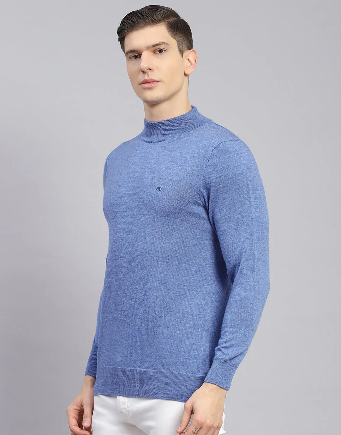 Men Blue Solid T Neck Full Sleeve Sweater