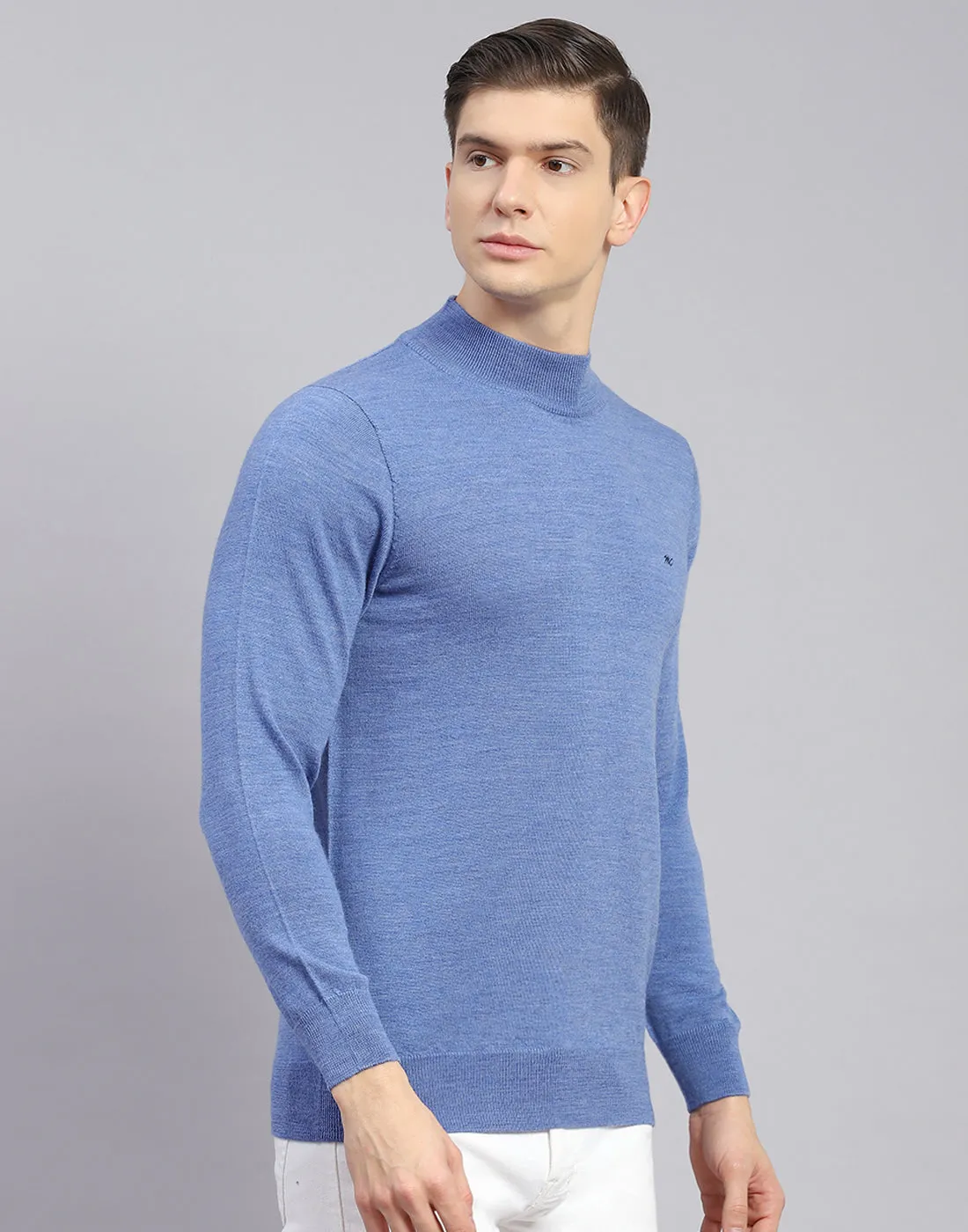 Men Blue Solid T Neck Full Sleeve Sweater