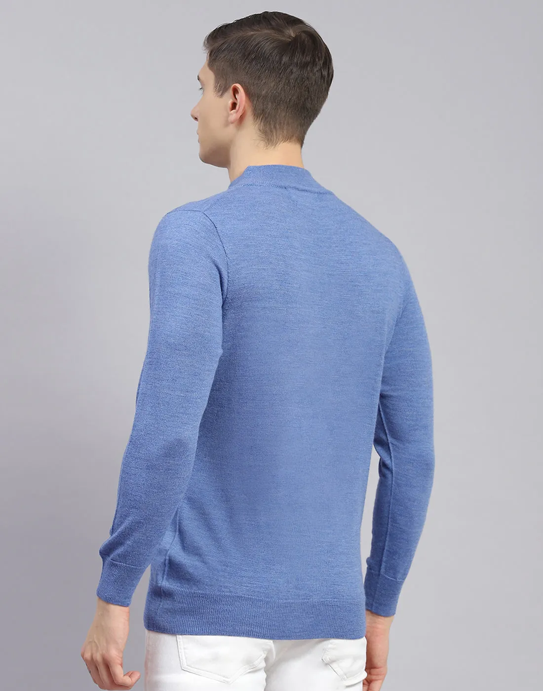 Men Blue Solid T Neck Full Sleeve Sweater