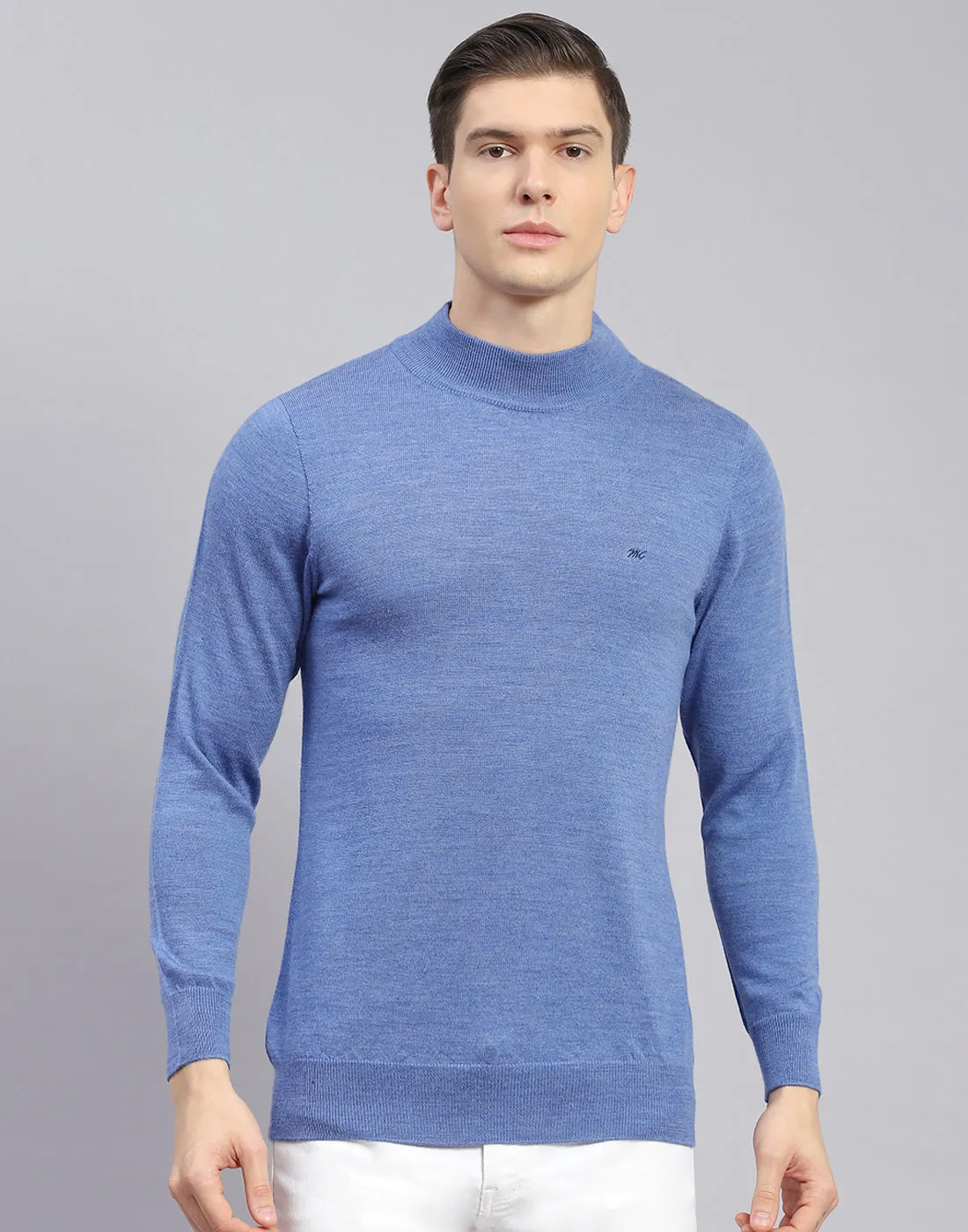 Men Blue Solid T Neck Full Sleeve Sweater