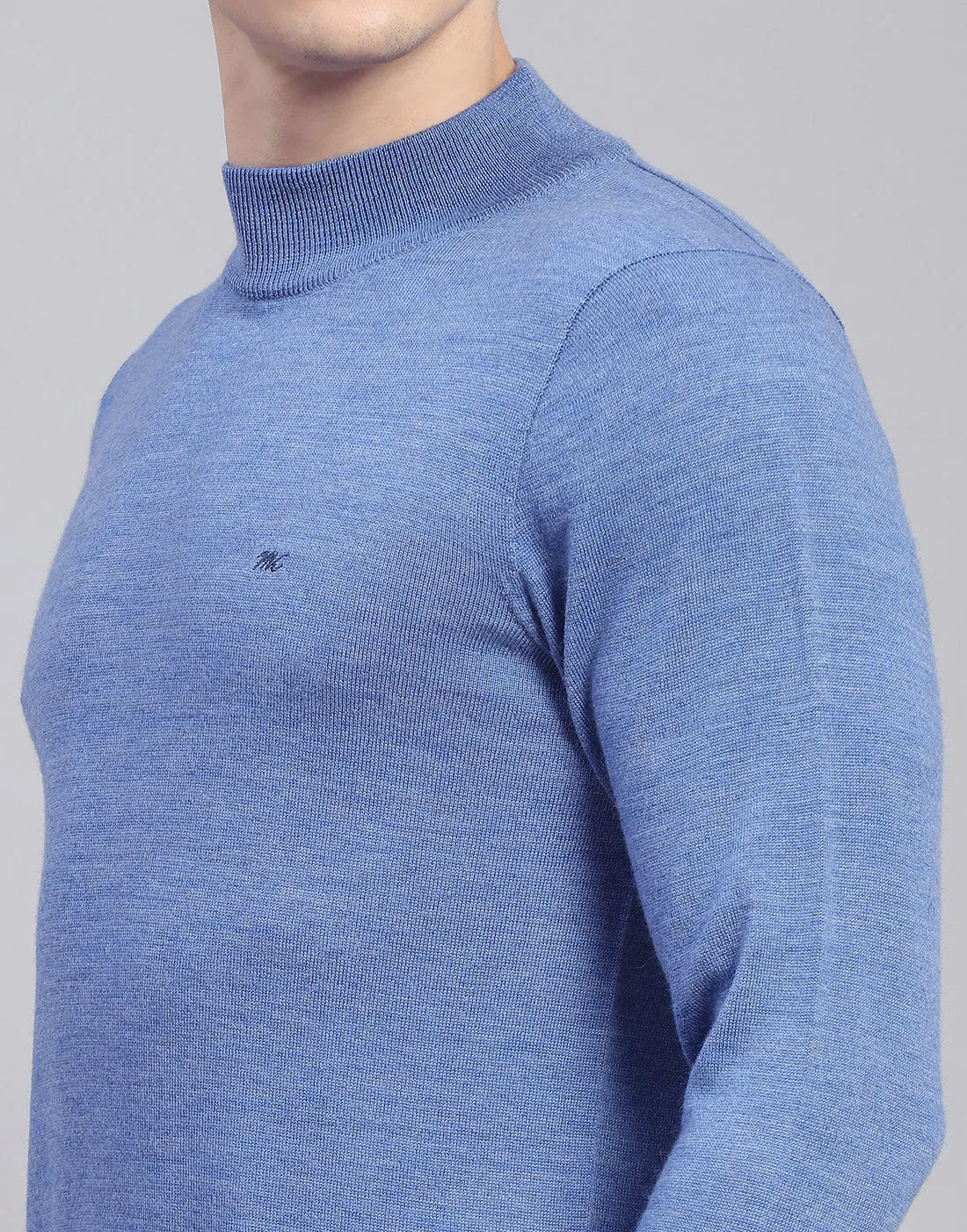 Men Blue Solid T Neck Full Sleeve Sweater