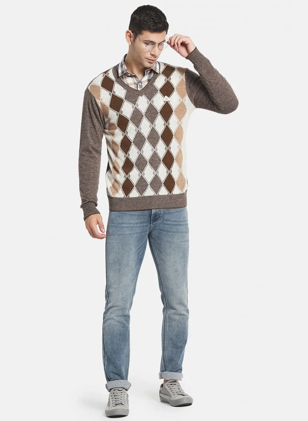 Men Brown Printed Pullover