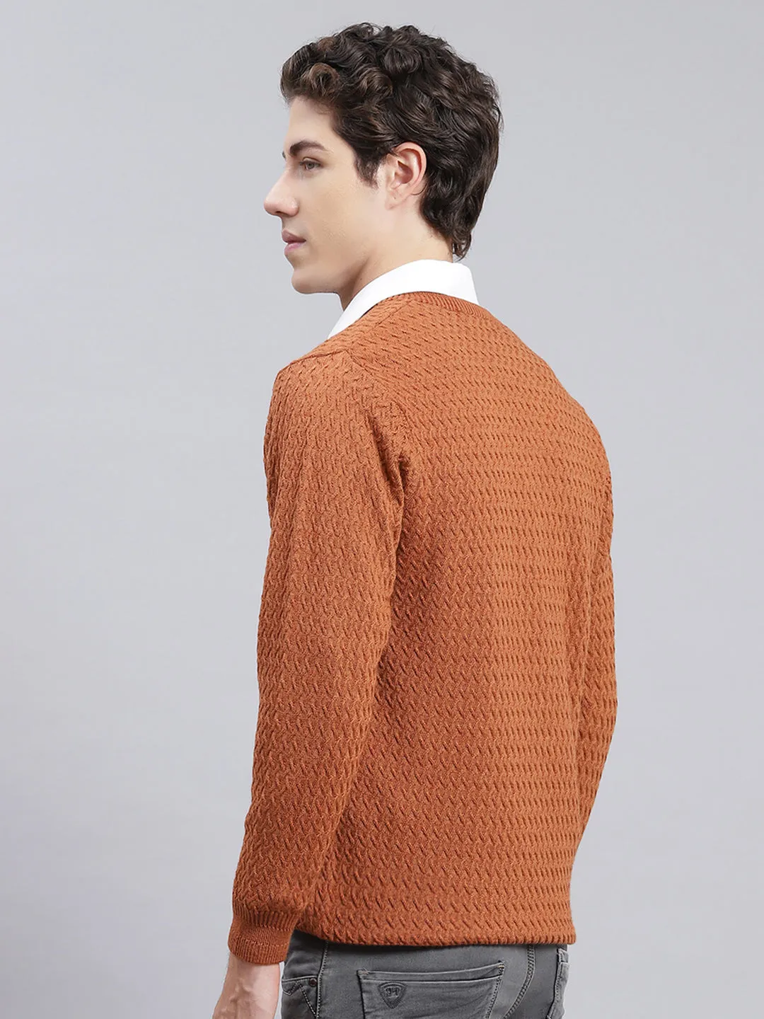 Men Brown Self Design Pure wool Pullover