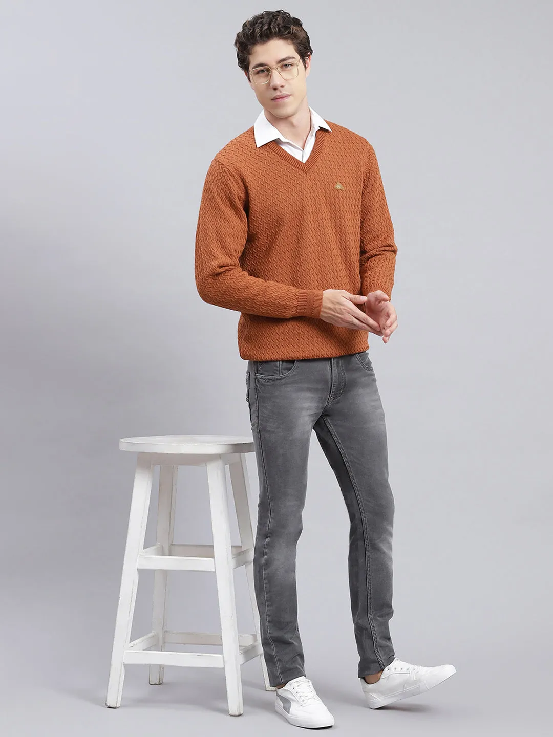 Men Brown Self Design Pure wool Pullover