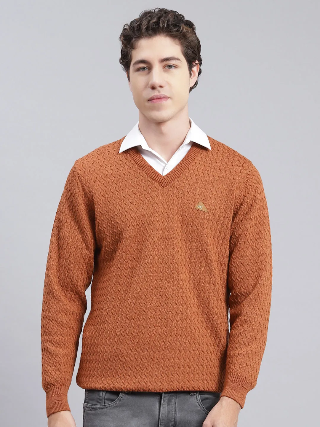 Men Brown Self Design Pure wool Pullover