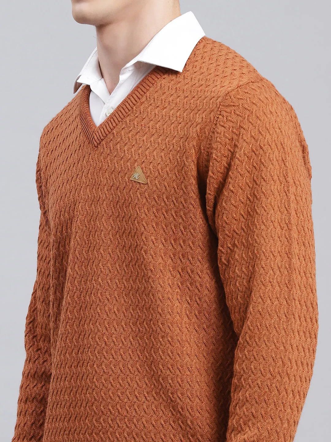 Men Brown Self Design Pure wool Pullover