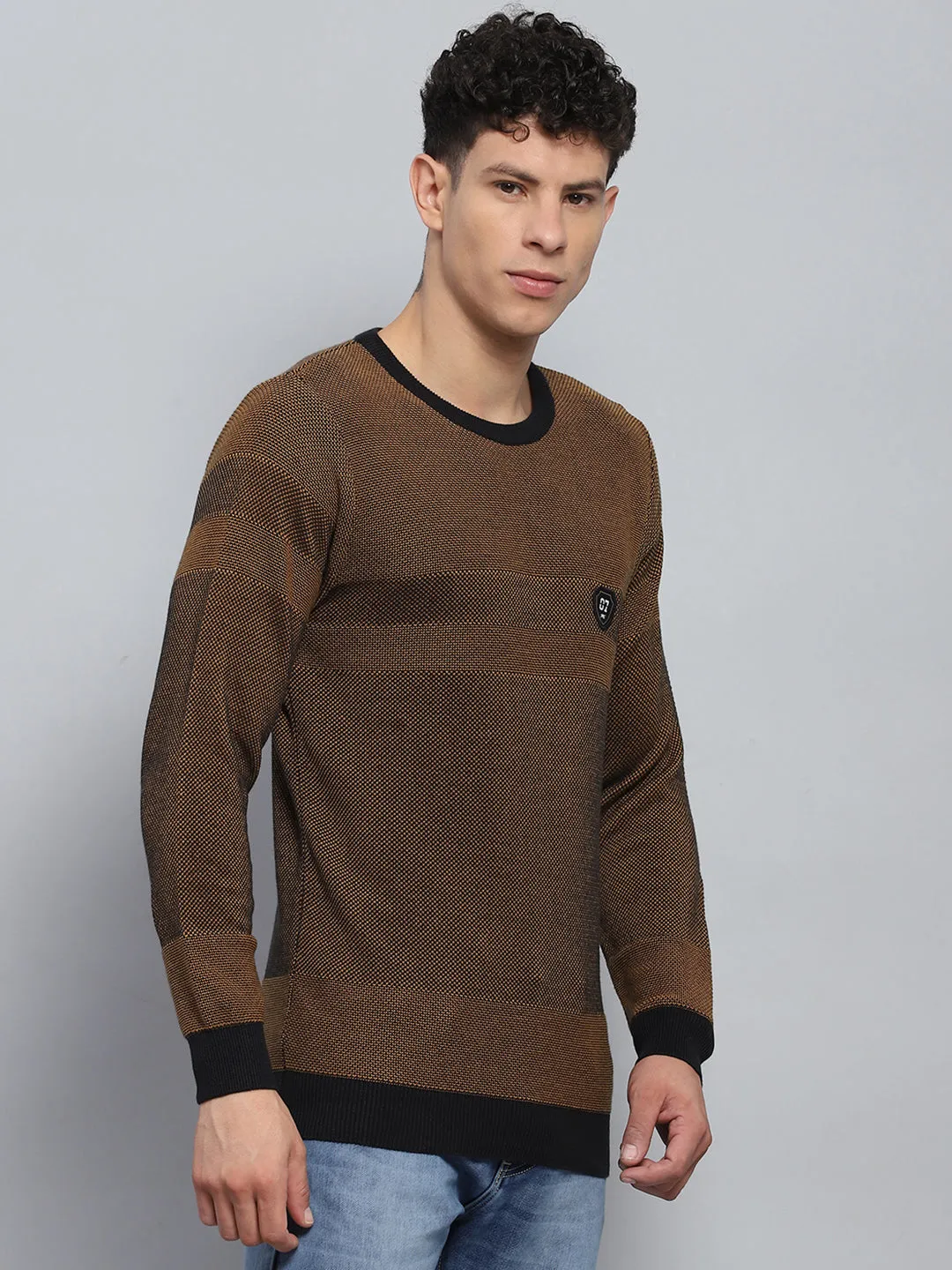 Men Brown Self Design Round Neck Full Sleeve Pullover