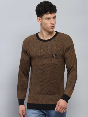 Men Brown Self Design Round Neck Full Sleeve Pullover