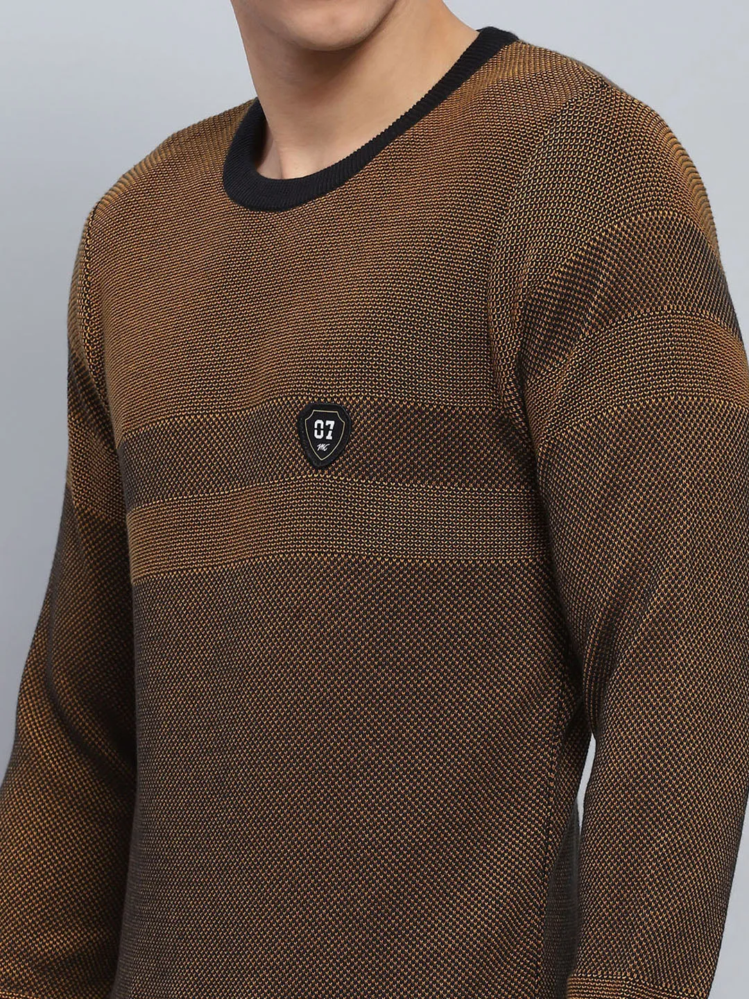 Men Brown Self Design Round Neck Full Sleeve Pullover